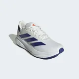 Championes de running Adidas Duramo SL 2, color blanco con tres franjas laterales en azul metálico y detalles en azul marino en el talón. Cuentan con mediasuela LIGHTMOTION y suela Adiwear.
