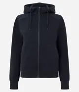 Campera deportiva de corte regular, color beige, con capucha ajustable mediante cordones, cierre frontal de cremallera y bolsillos laterales. Confeccionada en tejido de algodón y poliéster.