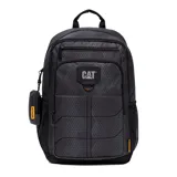 Mochila Caterpillar modelo Bernard Backpack, color negro con patrón geométrico, múltiples compartimentos con cierre, bolsillos laterales de red y mini bolsa desmontable en un lateral.