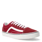 Championes urbanos de corte bajo marca Push, confeccionados en lona y gamuza color bordó con detalles en blanco. Presentan cordones blancos y suela de goma blanca con línea decorativa negra.