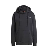 Canguro Adidas de la línea Terrex para mujer, color negro, con capucha ajustable mediante cordones, bolsillo frontal tipo canguro y logo de la marca estampado en el pecho.