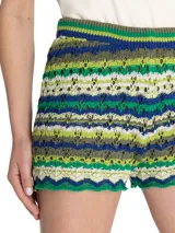 Short tiro alto tejido de punto con diseño de rayas en zigzag multicolor, confeccionado en mezcla de algodón orgánico, acrílico y lino orgánico.