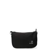 Cartera tipo bandolera de diseño minimalista en color negro, con cierre superior y parche con logo de la marca en la parte frontal.
