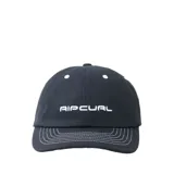 Gorra negra de algodón con logo Rip Curl bordado en blanco en el frente y costuras blancas en la visera.