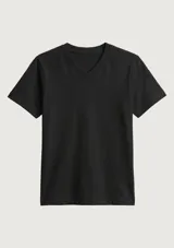 Remera básica de manga corta y cuello en V, color negro, de diseño liso y corte clásico.