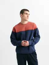 Sweater de tejido circular con diseño color block, combinando una franja superior en color verde y el resto de la prenda en gris oscuro. Presenta cuello redondo y puños en tejido canalé.