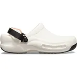 Zuecos de trabajo Crocs Bistro Pro LiteRide, color blanco, con puntera cerrada y reforzada, y banda antideslizante Crocs Lock™. Cuentan con correa trasera ajustable de color negro.