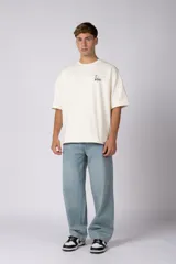 Remera de corte oversize color crudo, con cuello redondo y mangas cortas. Presenta un pequeño estampado gráfico en el pecho con diseño de aves en vuelo.