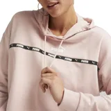 Buzo con capucha Puma para mujer, color rosa pálido, de corte cuadrado y relajado, con logo de Puma estampado en el pecho y cinta con el logo repetido a lo largo del pecho.