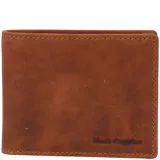 Billetera plegable de cuero natural color marrón, con costuras reforzadas en los bordes y logo de la marca grabado en la esquina inferior derecha.