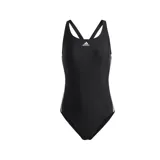 Malla enteriza deportiva Adidas color negro con las icónicas tres tiras blancas en los laterales y logo de la marca estampado en el pecho. Presenta espalda con tirantes cruzados y diseño resistente al cloro.