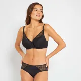 Culotte negro de microfibra con paneles de encaje floral en los laterales.