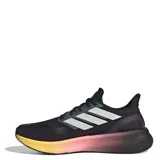 Championes de running Adidas modelo Pure Boost 5, con parte superior de malla técnica negra y mediasuela con tecnología de amortiguación degradada en tonos amarillo, naranja y violeta. Presentan las icónicas tres bandas laterales en color plateado y suela Adiwear de alta tracción.