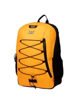 Mochila Cat modelo Himalayas, color naranja con detalles en negro. Cuenta con cordón elástico frontal para almacenamiento, bolsillos laterales de malla, compartimento principal con bolsillo interior y logo reflectante.