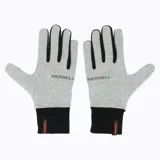Guantes deportivos Merrell de tejido gris melange con detalles en negro en los dedos y puños. Presentan el logo de la marca estampado en el dorso y una etiqueta pequeña con el nombre de la marca en el puño.