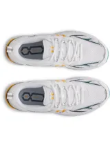 Championes Under Armour modelo Apparition Tech, color blanco con detalles en amarillo, verde oscuro y celeste. Cuenta con amortiguación UA HOVR, parte superior de malla transpirable y superposiciones de materiales mixtos.