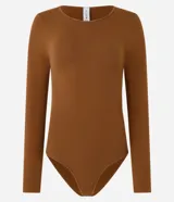 Body negro de poliamida y elastano, sin costuras, con cuello redondo y mangas largas.