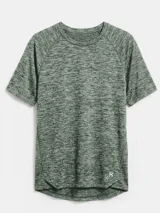 Camiseta deportiva de manga corta con diseño jaspeado, cuello redondo y dobladillo curvo. Presenta un pequeño logo reflectante en la parte inferior.
