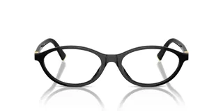Lentes ópticos Miu Miu modelo 09X, con armazón de acetato color negro brillante, de forma ovalada, y detalles dorados en las patillas.