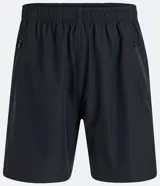 Bermuda deportiva gris con cintura elástica, cordón de ajuste, bolsillos con cremallera, recorte lateral con agujeritos y abertura en el bajo.