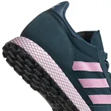 Championes Adidas modelo Forest Grove, de color azul petróleo con las icónicas tres tiras laterales en color rosado. Presentan una entresuela con diseño de red característico y suela de goma negra.