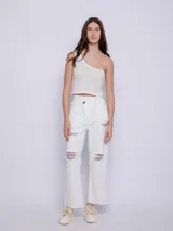 Top asimétrico de un solo hombro confeccionado en tejido de punto con diseño de pequeños calados.