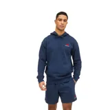 Canguro azul marino con capucha y cordón ajustable, bolsillo tipo canguro y logo de New Balance bordado en rojo en el pecho.