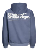Canguro azul con capucha, manga larga, fit oversize y logo pequeño estampado en el pecho.