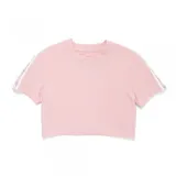 Top corto color rosa con cuello redondo y mangas cortas con bandas laterales estampadas.