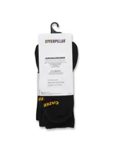 Medias de caña media Caterpillar de color negro, confeccionadas con tejido de algodón, poliéster y elastano. Presentan el nombre y logo de la marca bordados en amarillo en la parte superior del empeine.