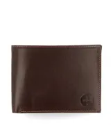 Billetera de cuero color chocolate con costuras al tono y logo grabado en la esquina inferior derecha.