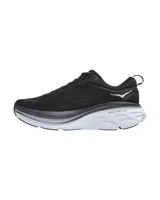 Championes de running Hoka One One Bondi 8, color negro con logo blanco en el lateral y suela gruesa en dos tonos.
