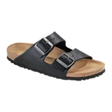 Sandalias Birkenstock Arizona de cuero negro con dos correas ajustables con hebillas metálicas plateadas y plantilla anatómica de corcho y látex.