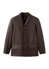 Blazer de cuero ovino color marrón oscuro, con diseño de corte recto, solapas clásicas y cierre frontal con botones a tono.