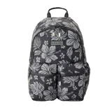 Mochila Rip Curl Weekend Travel de 21 litros, color negro con estampado de flores grises y logo de la marca en el frente. Cuenta con dos bolsillos frontales con cierre y un compartimento principal con cierre doble. Ideal para viajes cortos o uso diario.