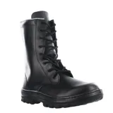 Bota de caña alta estilo militar, color negro, con cordones frontales y suela de goma antideslizante con relieve.