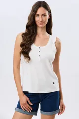 Musculosa azul marino con escote redondo y tirantes decorados con volados fruncidos.