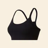 Sujetador deportivo negro con diseño de espalda nadadora, confeccionado en tejido elástico y transpirable, ideal para actividades de impacto medio.