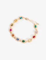 Pulsera dorada con eslabones y detalles de vidrio de colores.
