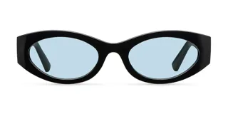 Lentes de sol con montura ovalada de acetato color negro y lentes celestes polarizadas con protección UV400.