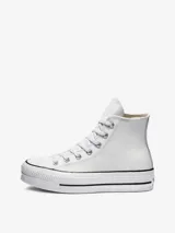 Championes Converse Chuck Taylor All Star Lift de cuero blanco, con plataforma y detalles en negro.
