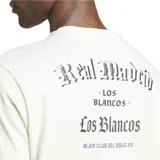 Remera blanca de algodón Adidas, con cuello redondo y mangas cortas. Estampado frontal con la leyenda "-LOS BLANCOS-" en color gris.