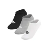 Pack de tres pares de medias tobilleras Adidas en colores negro, gris melange y blanco, con el logo del Trifolio bordado en el empeine.