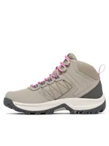 Botas de trekking Columbia Transverse Hike, modelo impermeable, en color gris con cordones rosados y detalles en negro y blanco. Confeccionadas con una parte superior de cuero y malla, entresuela TechLite y suela Omni-Grip.