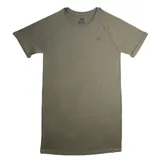 Vestido tipo remera New Balance de corte recto y largo midi, confeccionado en tejido de punto gris melange. Presenta cuello redondo, mangas cortas con dobladillo y logo de la marca bordado en el pecho.