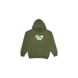 Hoodie Nike color verde militar con capucha ajustable, bolsillo tipo canguro y estampado frontal con el logo invertido de Nike Air en tono claro.