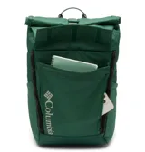 Mochila Columbia de 27 litros con diseño roll-top, confeccionada en tejido resistente al agua con revestimiento de PU. Cuenta con respaldo de malla transpirable, tirantes acolchados ergonómicos, funda interna para portátil de 15 pulgadas, bolsillos laterales para botellas y bolsillo frontal con cierre.