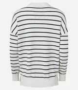 Cardigan overtop de punto con rayas horizontales negras sobre fondo blanco, manga larga y abertura frontal total.