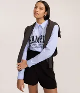 Camisa de manga larga, cuello camisero, abotonada, con rayas verticales finas celestes y blancas, y estampado grande en negro con la palabra "CHAMPION".