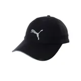 Gorra deportiva Puma de color negro con visera curva y logo de la marca estampado en color plateado en la parte frontal.